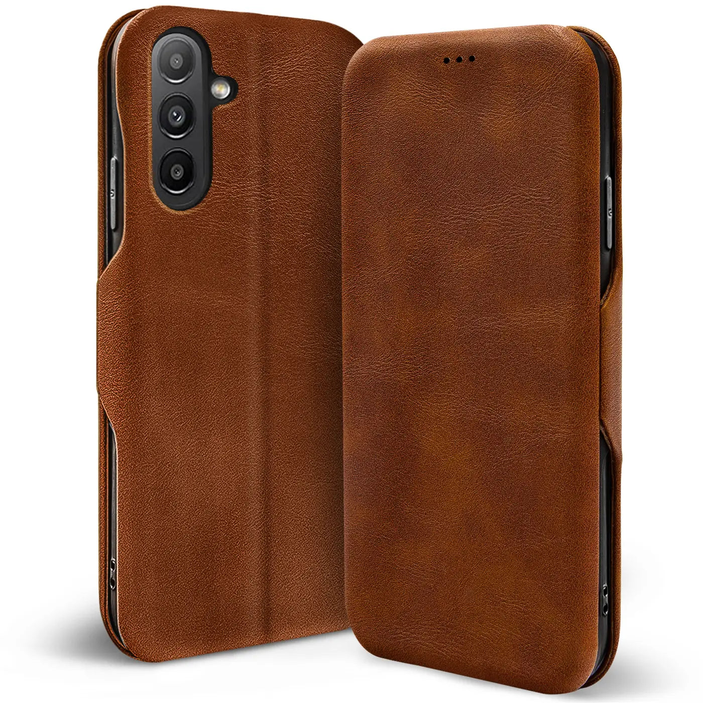 Braune Leder-Klapphülle, Vorder- und Rückansicht, für Samsung Galaxy A13 5G / A04s