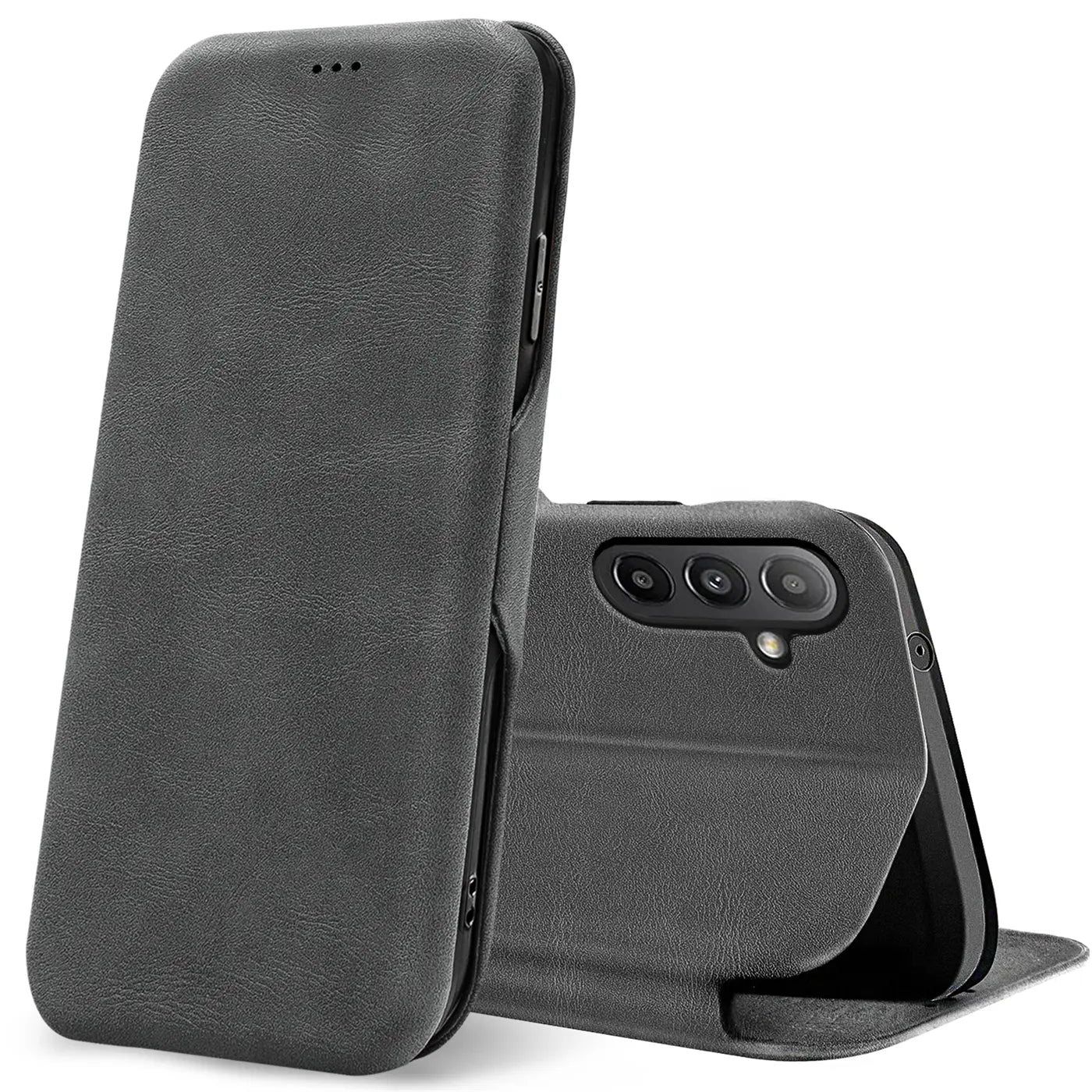 Graue Kunstleder-Klapphülle, von vorne und hinten gezeigt, für Samsung Galaxy A13 5G / A04s.