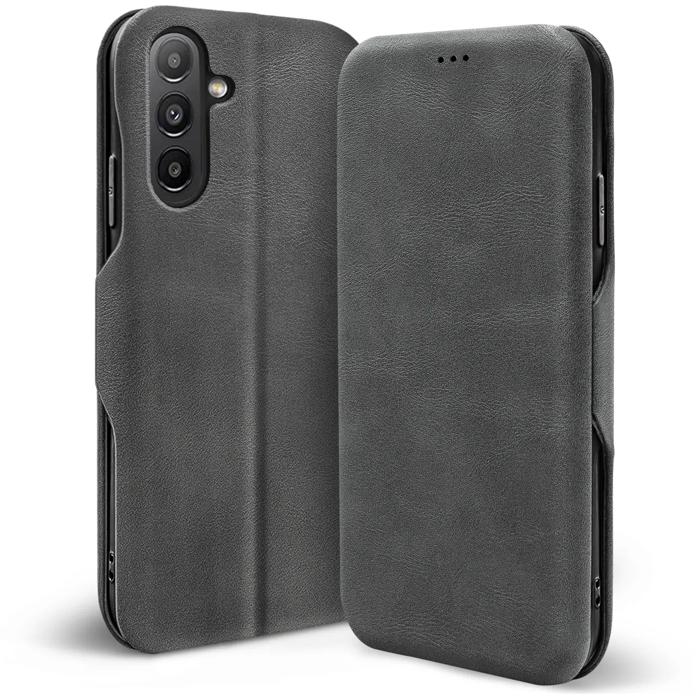 Graue Kunstleder-Klapphülle, Vorder- und Rückansicht, für Samsung Galaxy A13 5G / A04s