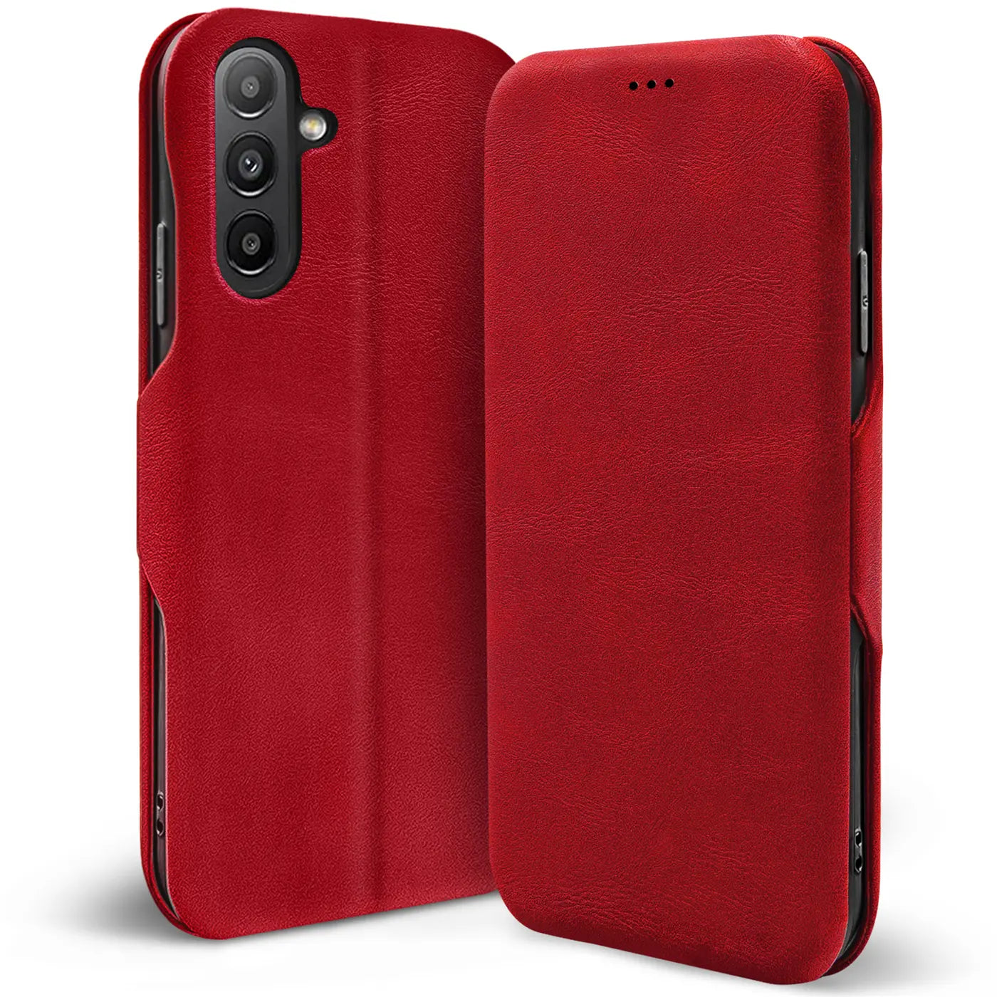 Rote Kunstleder-Klapphülle für Samsung Galaxy A13 5G / A04s, von vorne/seitlich gezeigt.