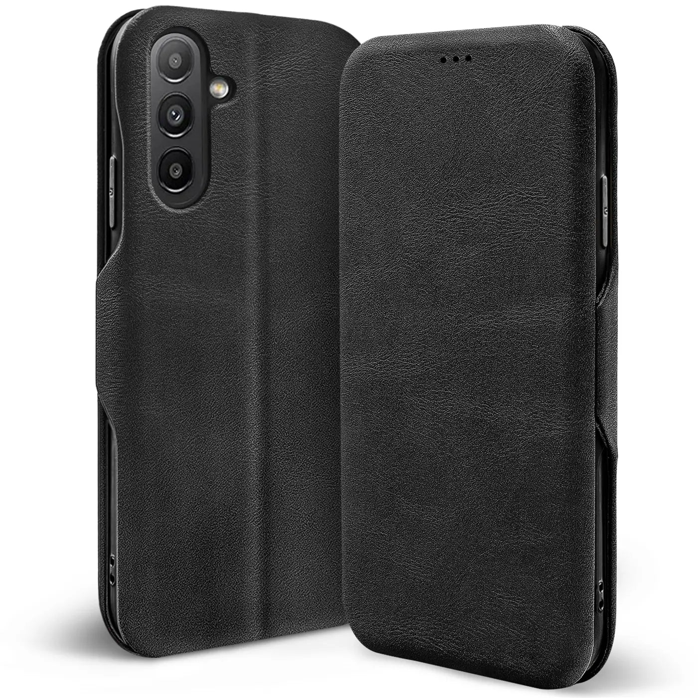 Schwarze Leder-Klapphülle mit Kartenfach, Vorder- und Rückansicht, für Samsung Galaxy A13 5G / A04s.