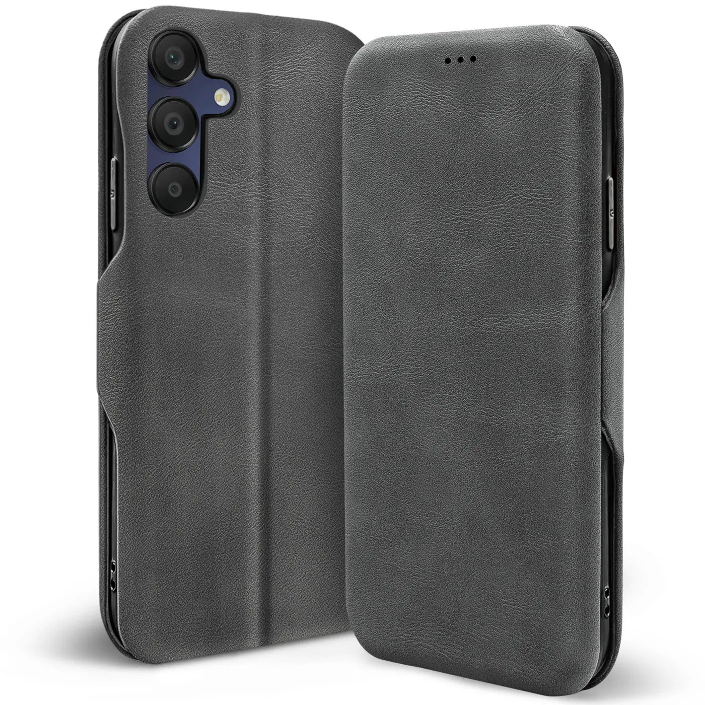Graue Kunstleder-Klapphülle für Samsung Galaxy A16 5G, von vorne schräg gezeigt.