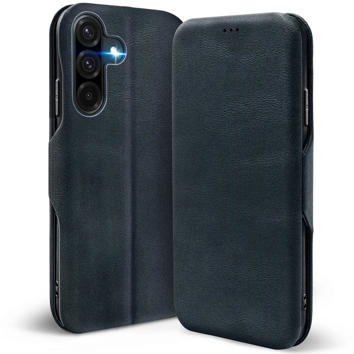 Dunkelblaue Leder-Klapphülle für Samsung Galaxy A17 5G, von vorne/seitlich gezeigt.