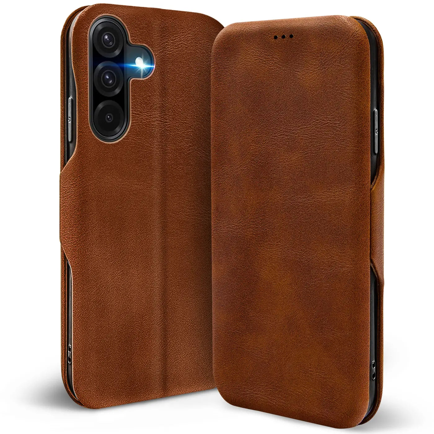 Braune Leder-Klapphülle mit Kartenfach für Samsung Galaxy A17 5G, von vorne/seitlich
