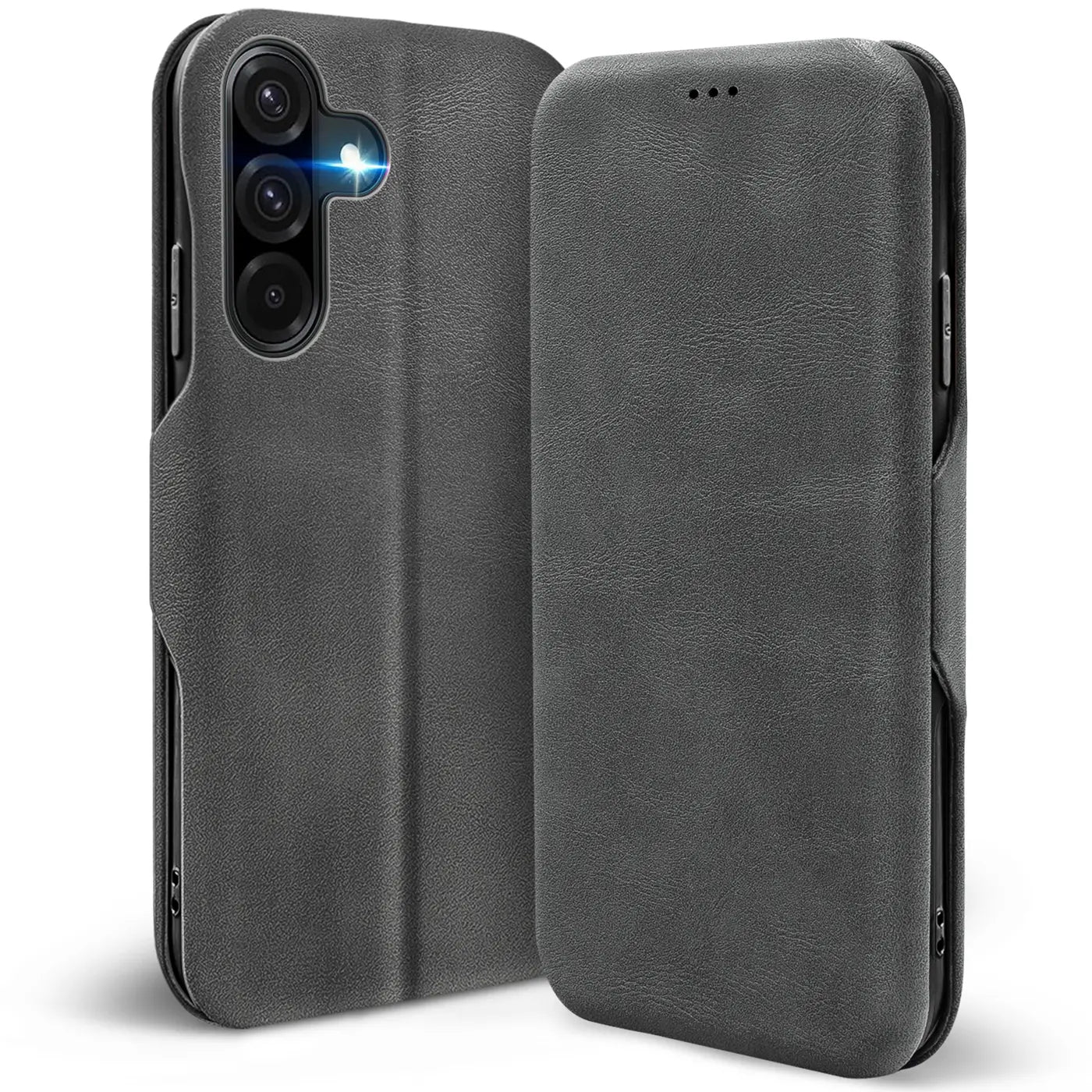 Graue Kunstleder-Klapphülle mit Kartenfach, Vorder- und Rückansicht, für Samsung Galaxy A17 5G.