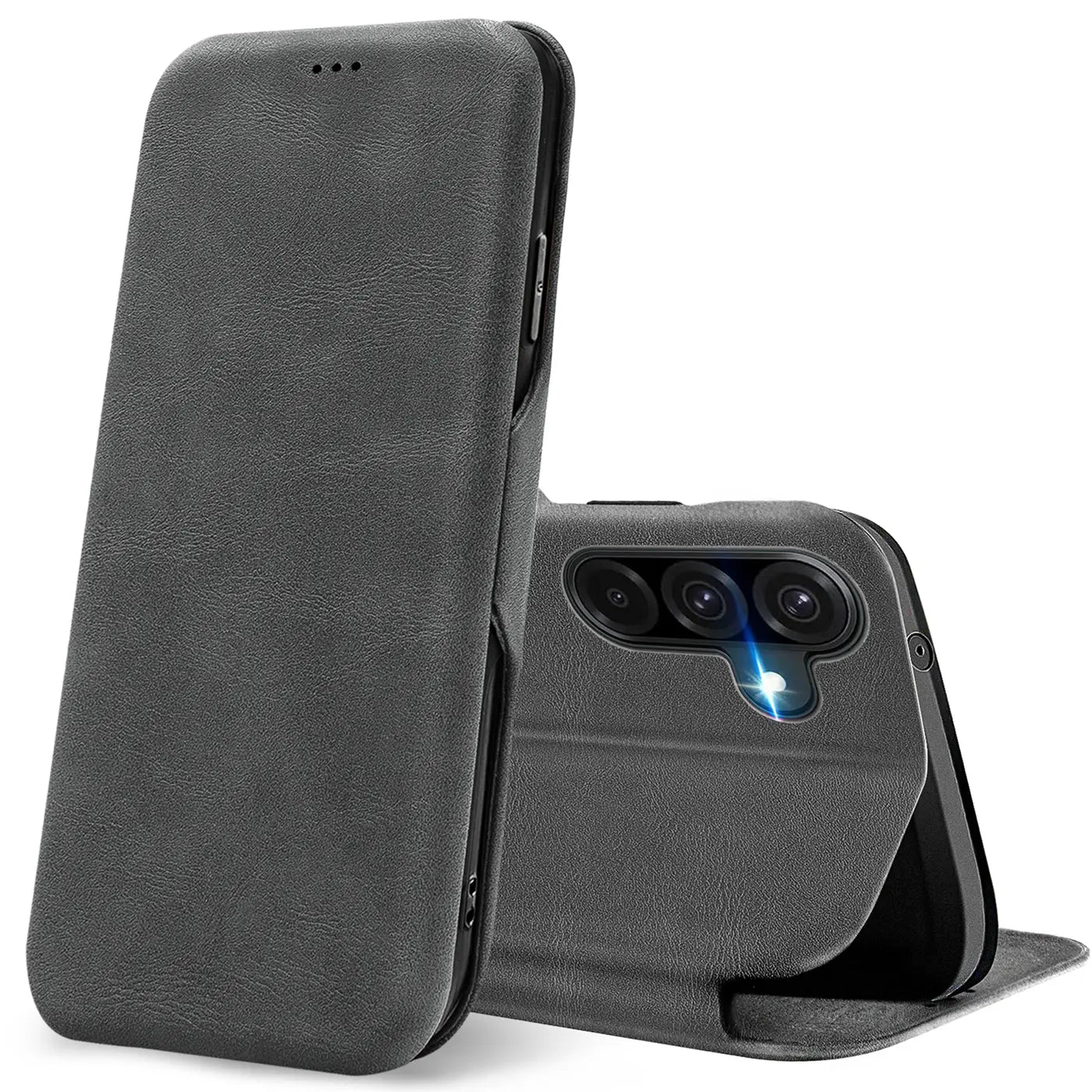 Graue Kunstleder-Klapphülle mit Kartenfach, Vorder- und Rückansicht, Samsung Galaxy A17 5G.