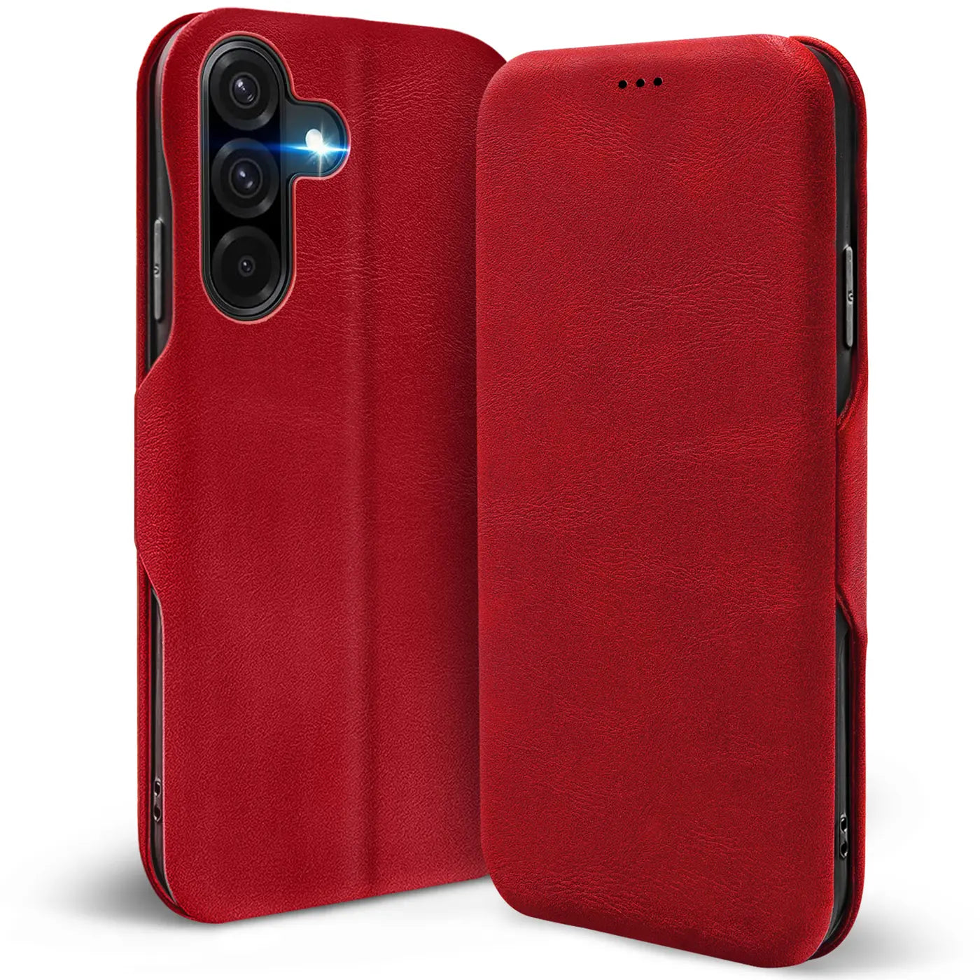 Rote Leder-Klapphülle mit Kartenfach, Vorder- und Rückansicht, Samsung Galaxy A17 5G