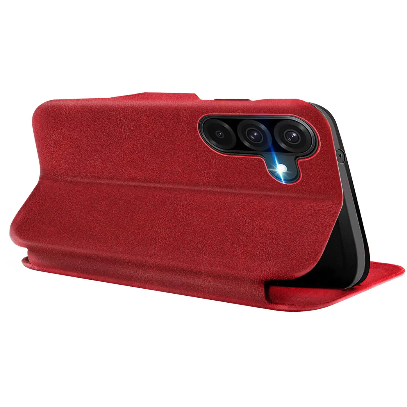 Rote Kunstleder-Klapphülle mit Kartenfach, seitliche Ansicht, zeigt Samsung Galaxy A17 5G.