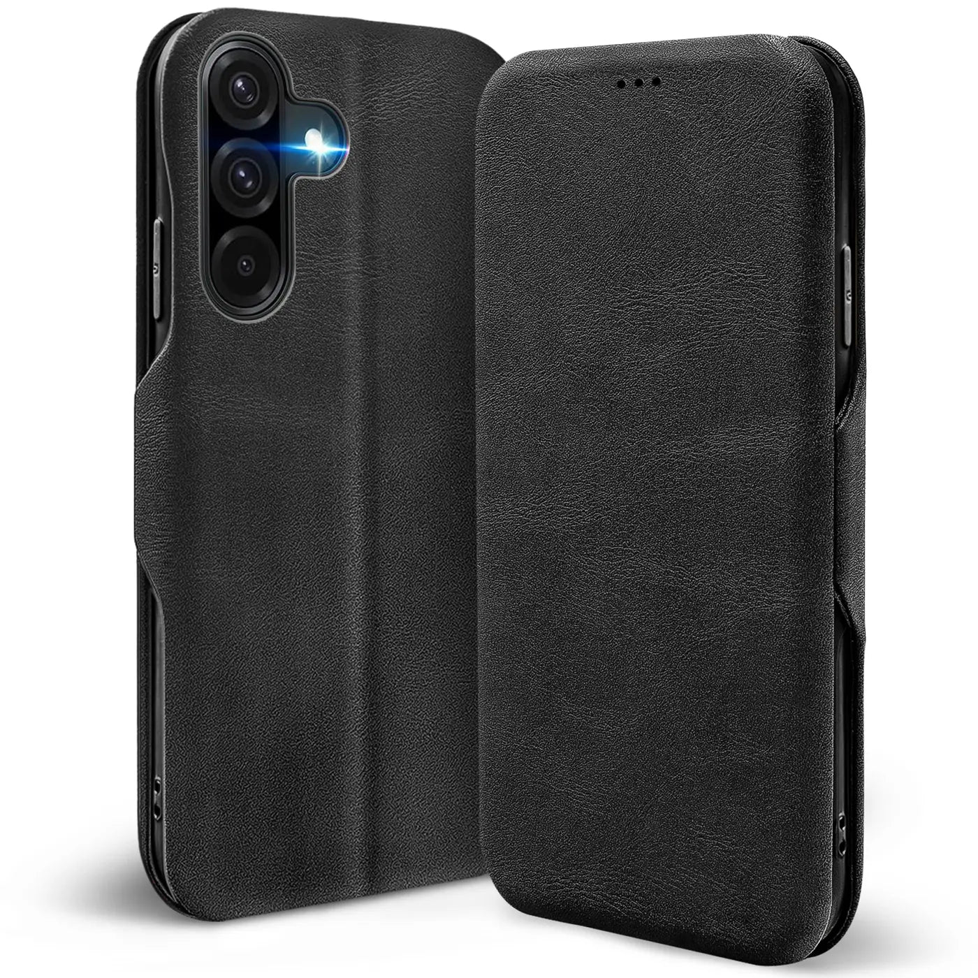 Schwarze Leder-Klapphülle mit Kartenfach für Samsung Galaxy A17 5G, von vorne schräg