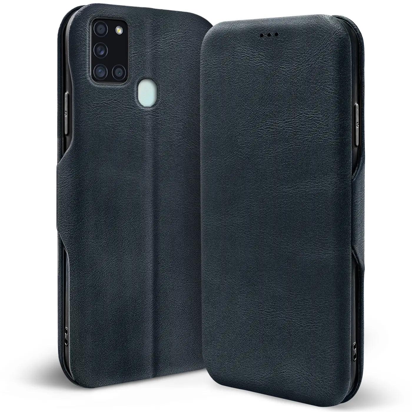 Dunkelblaue Leder-Klapphülle, Vorder- und Rückansicht, für Samsung Galaxy A21s.