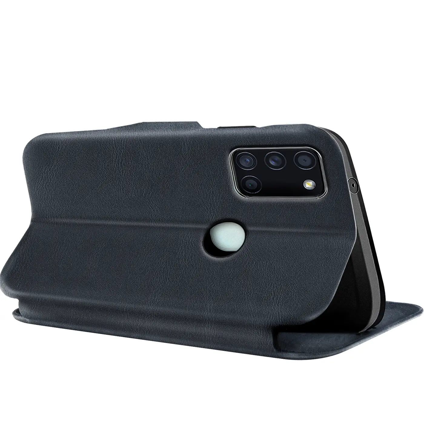 Dunkelgraue Kunstleder-Klapphülle mit Kartenfach, Rückansicht, Samsung Galaxy A21s.