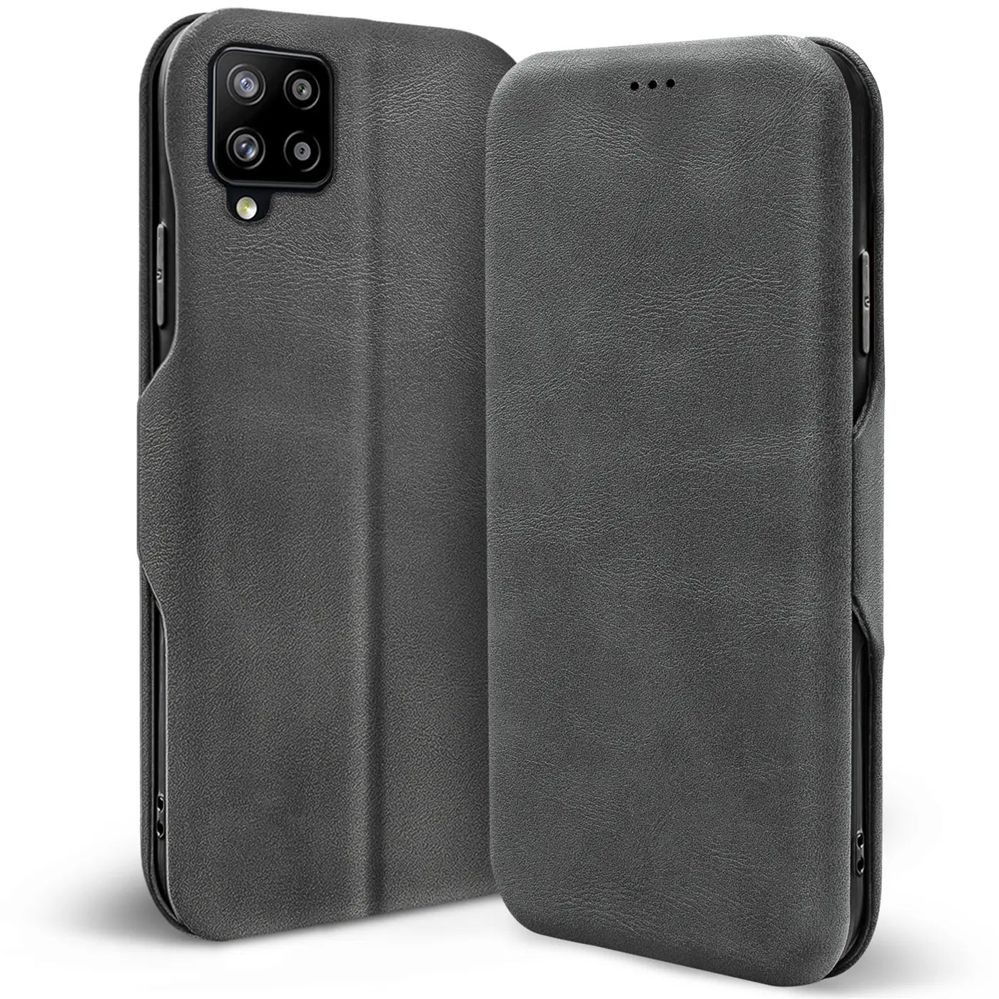 Graue Kunstleder-Klapphülle, Vorder- und Rückansicht, für Samsung Galaxy A22 4G/M32/M22