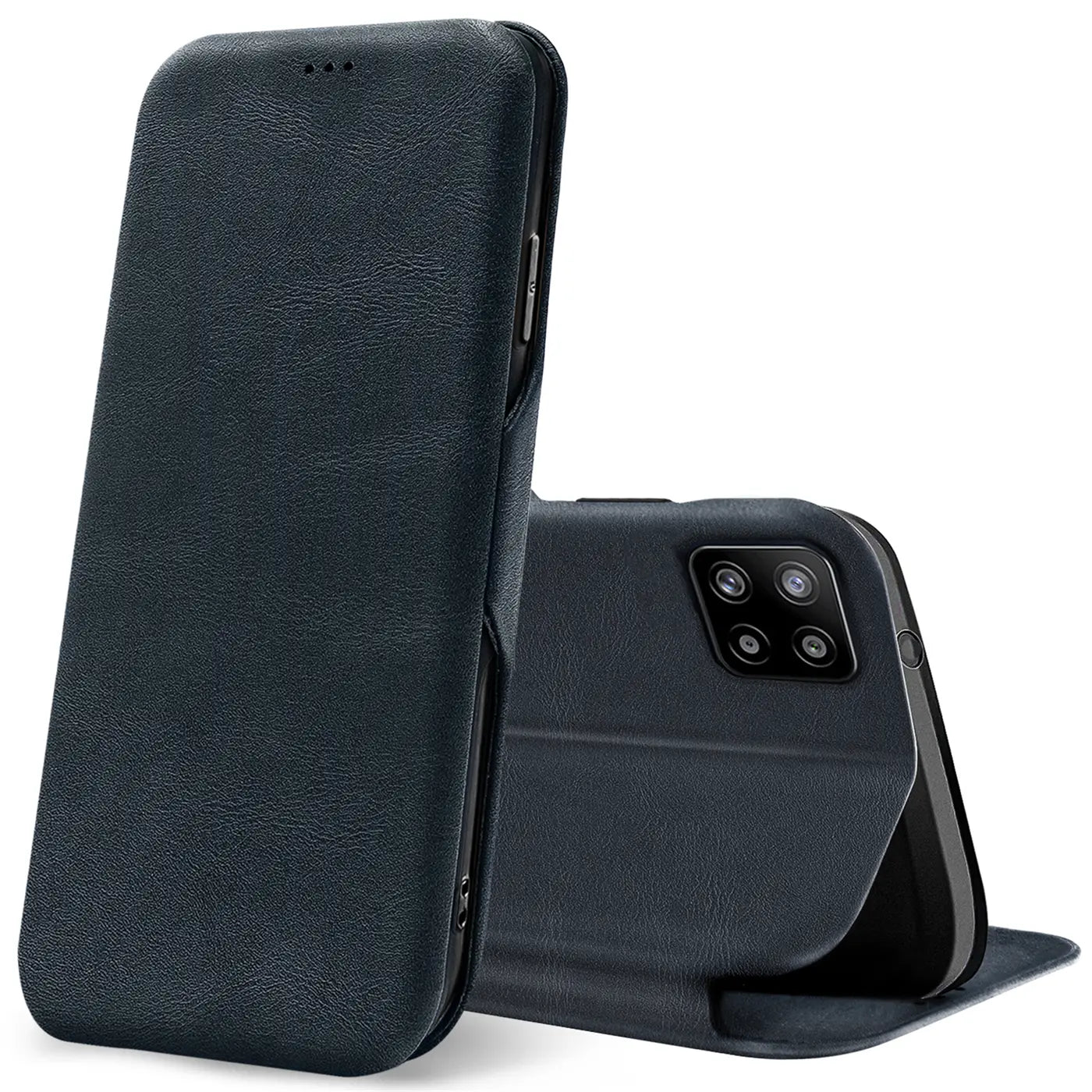Dunkelblaue Kunstleder-Klapphülle, Vorderansicht und Rückansicht, Samsung Galaxy A22 5G.