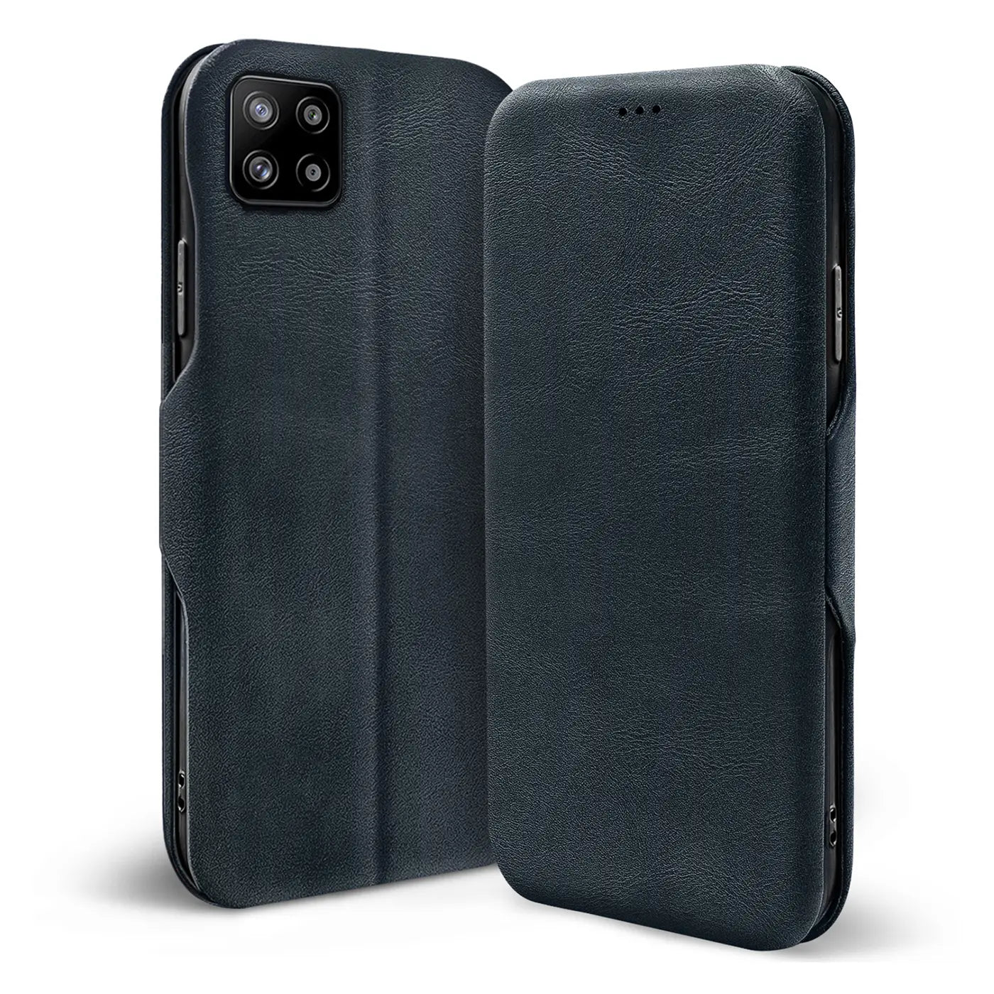 Dunkelblaue Kunstleder-Klapphülle mit Kartenfach für Samsung Galaxy A22 5G, von vorne.