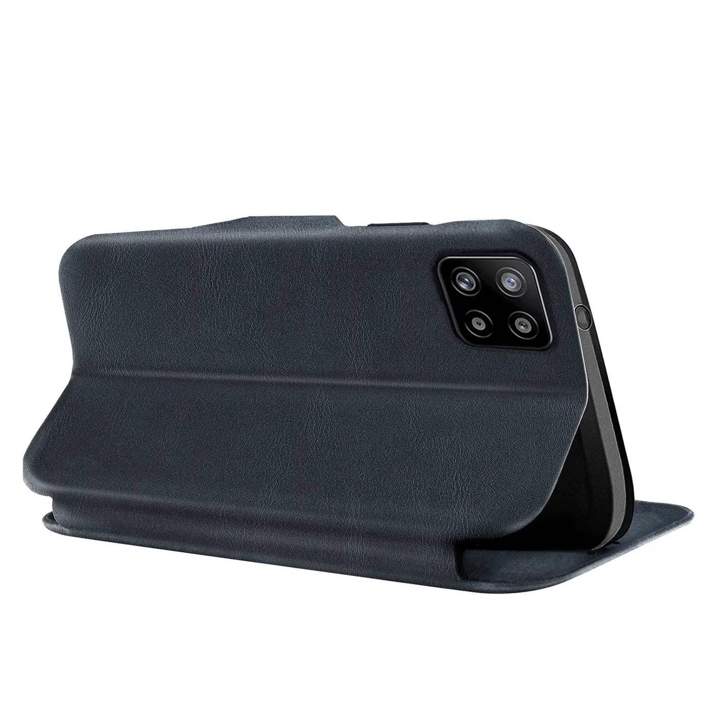 Dunkelblaue Klapphülle aus Lederimitat, seitliche Ansicht, zeigt Samsung Galaxy A22 5G Kamera.