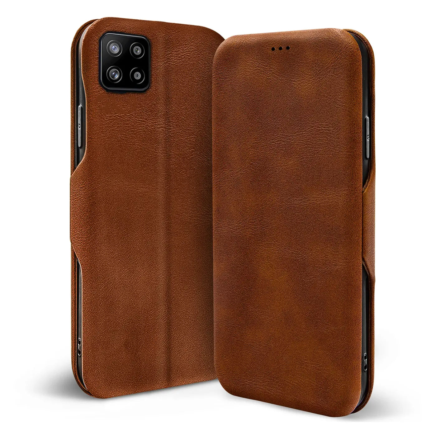 Braune Kunstleder-Klapphülle mit Kartenfach, Vorder- und Rückansicht, für Samsung Galaxy A22 5G.