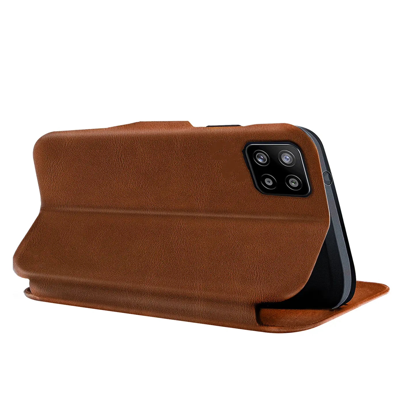 Braune Leder-Klapphülle mit Kartenfach, Rückansicht, Samsung Galaxy A22 5G.