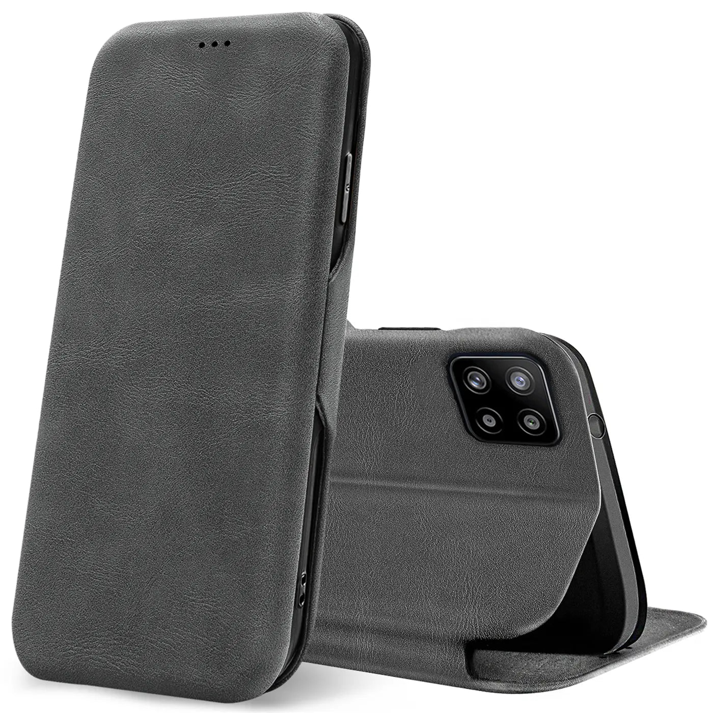 Dunkelgraue Kunstleder-Klapphülle für Samsung Galaxy A22 5G, von vorne und hinten gezeigt.