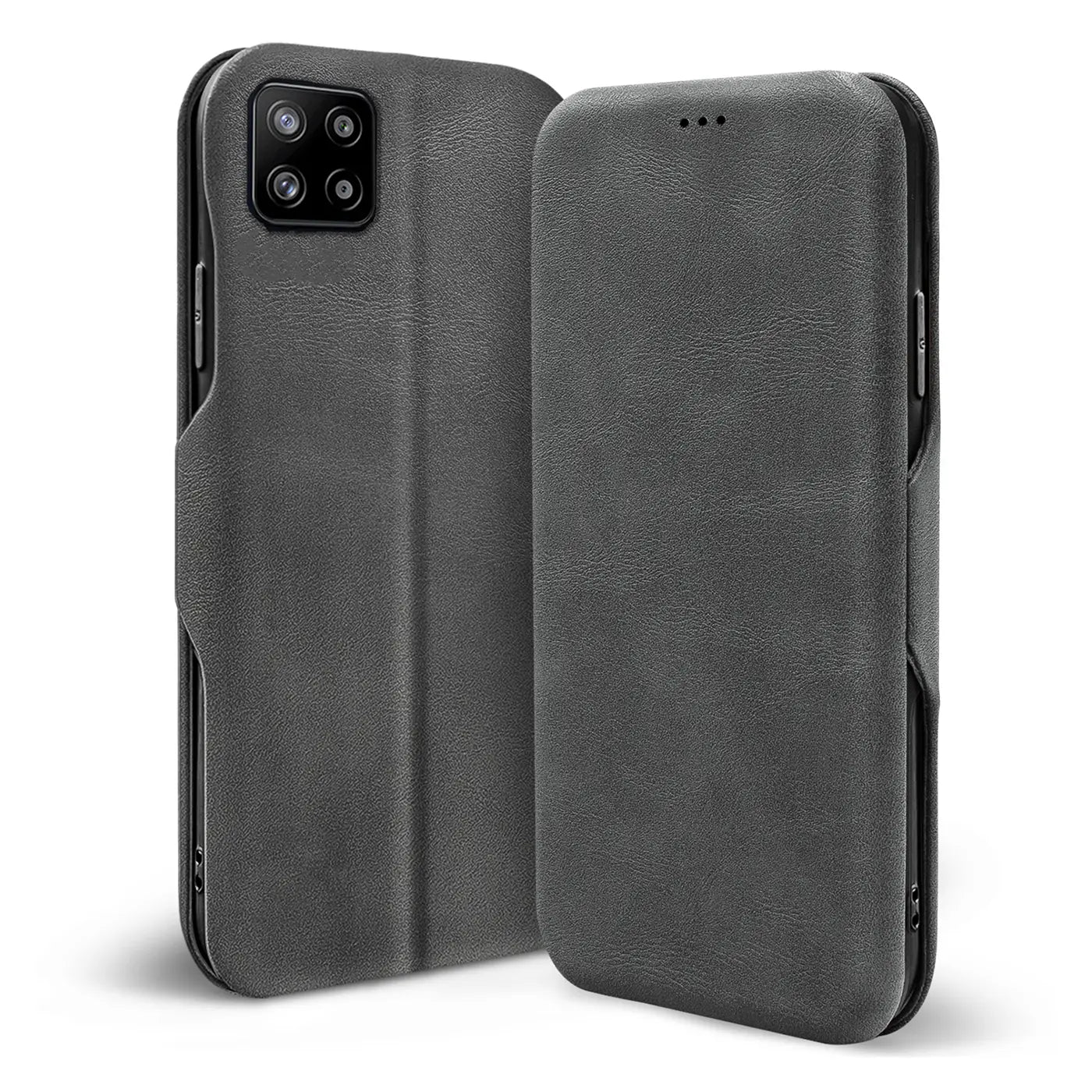 Graue Kunstleder-Klapphülle für Samsung Galaxy A22 5G, von vorne/leicht schräg
