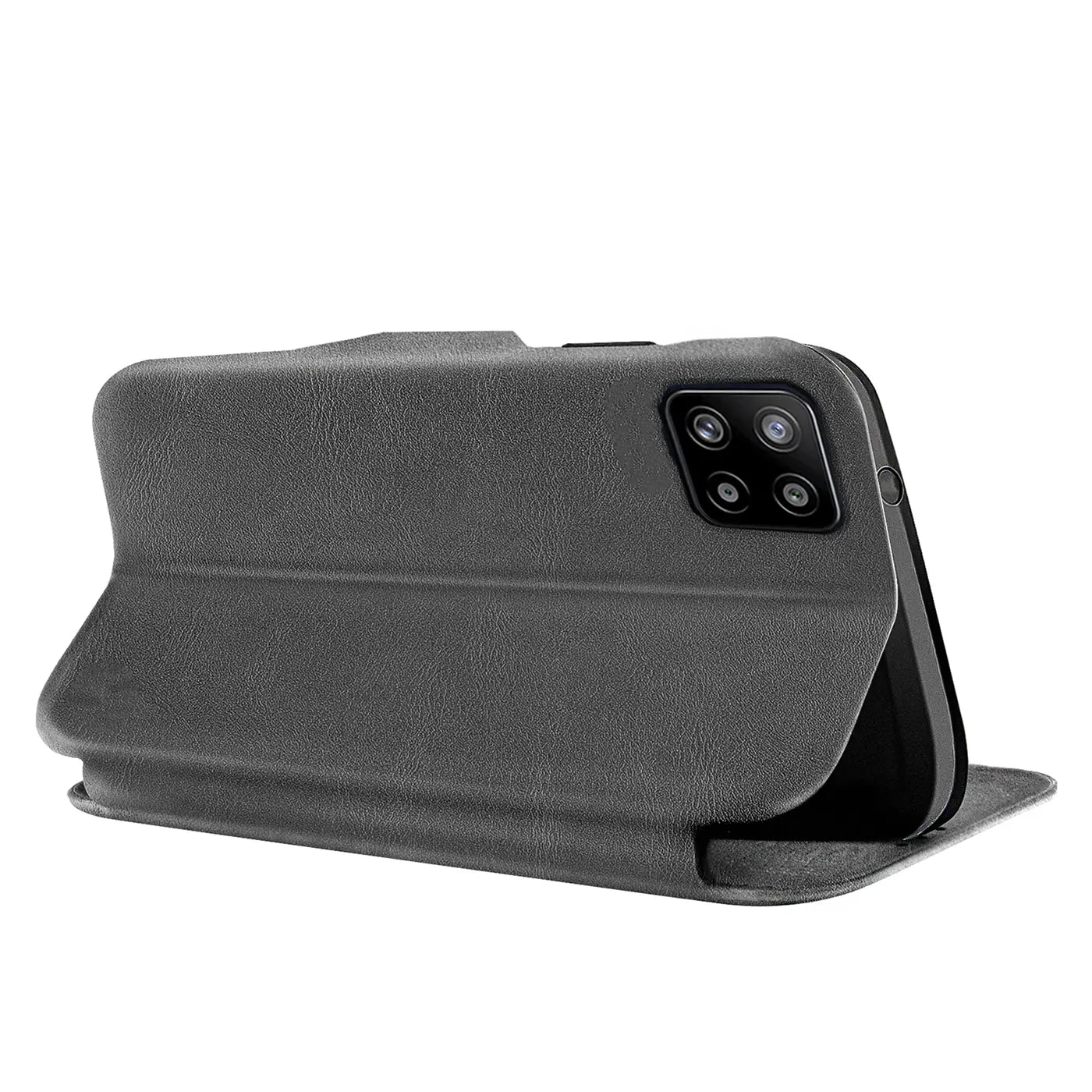 Graue Kunstleder-Klapphülle mit Kartenfach, Seitenansicht, Samsung Galaxy A22 5G.