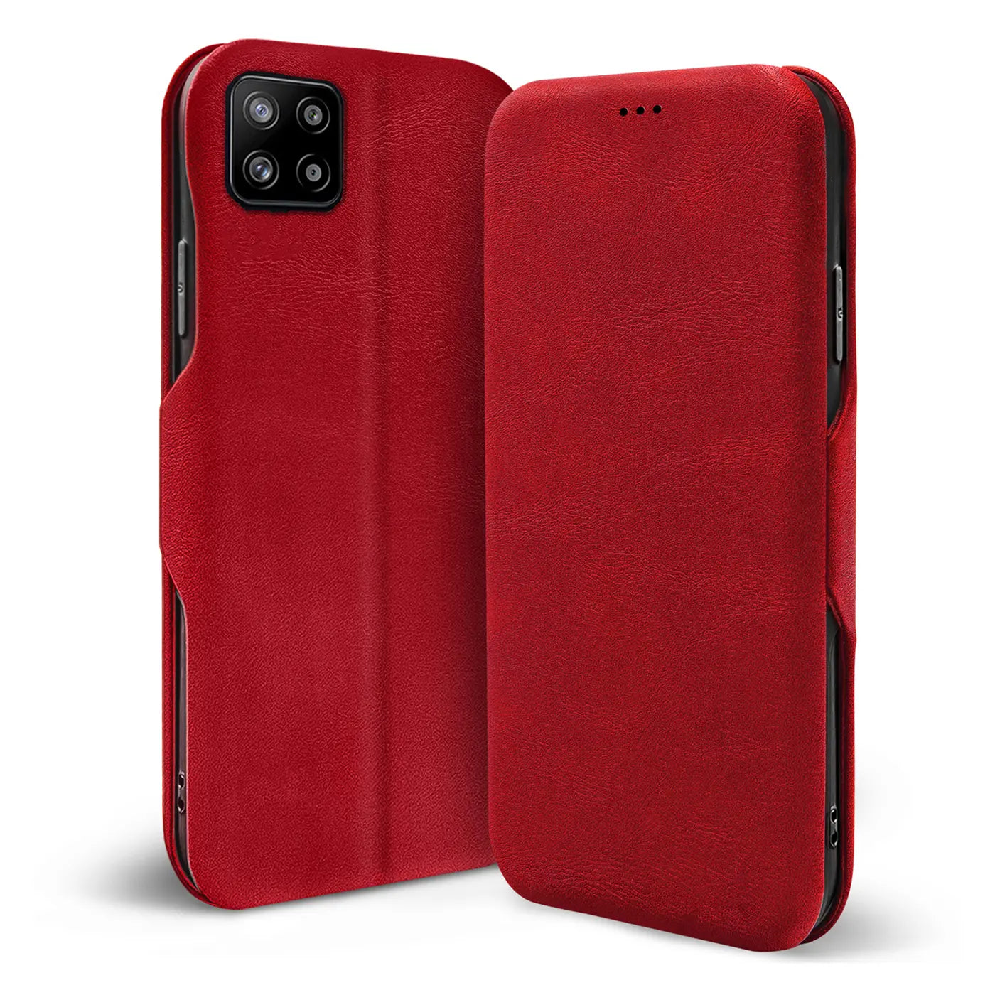 Rote Leder-Klapphülle für Samsung Galaxy A22 5G, von vorne, mit Kartenfach.