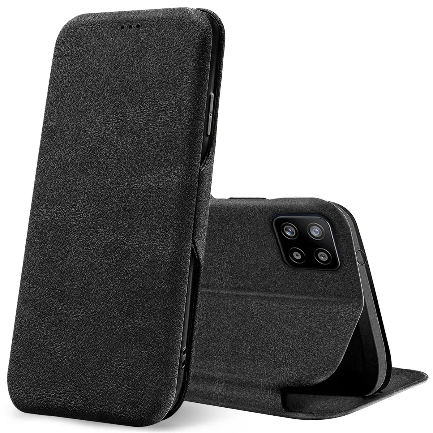 Schwarze Kunstleder-Klapphülle mit Kartenfach für Samsung Galaxy A22 5G, von vorne/seitlich.