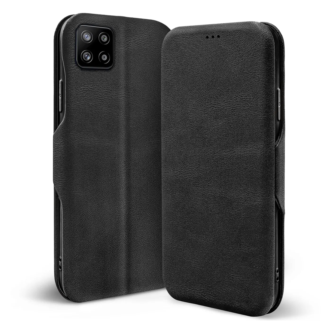 Schwarze Leder-Klapphülle mit Kartenfach, Vorderansicht, Samsung Galaxy A22 5G.