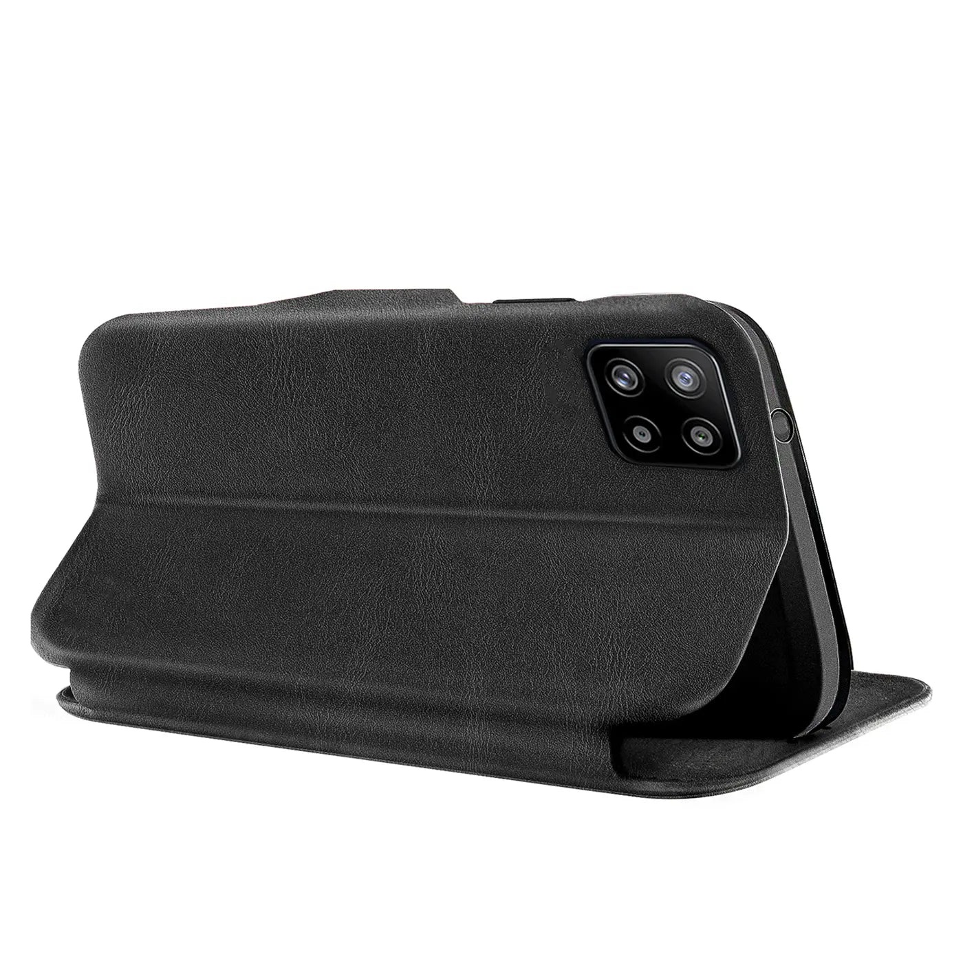 Schwarze Klapphülle aus Lederimitat, seitliche Ansicht, zeigt Rückseite Samsung Galaxy A22 5G.