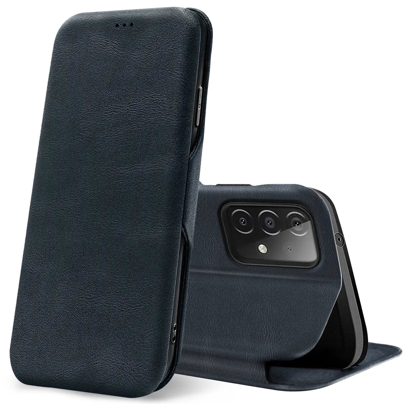 Dunkelblaue Kunstleder-Klapphülle, seitliche Ansicht, zeigt Samsung Galaxy A23 5G Rückseite.