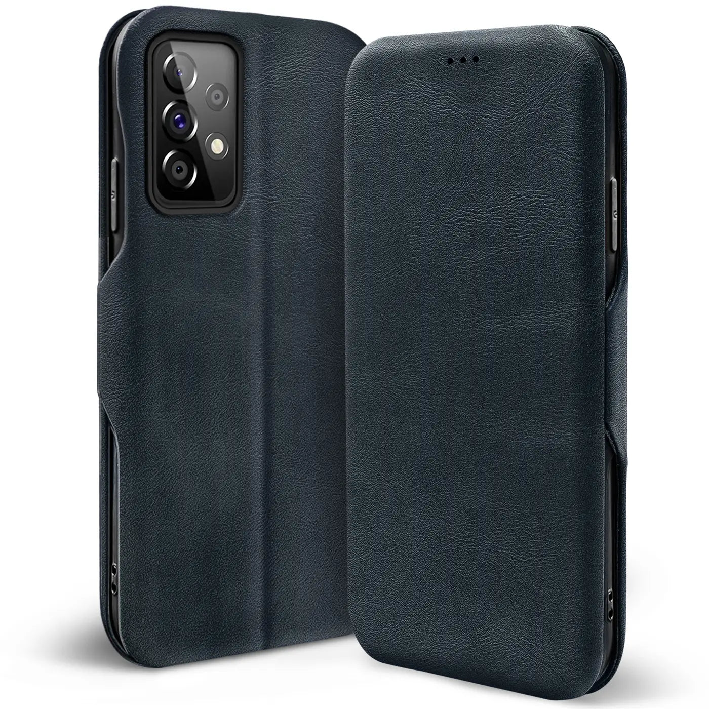 Dunkelblaue Leder-Klapphülle mit Kartenfach für Samsung Galaxy A23 5G, von vorne.