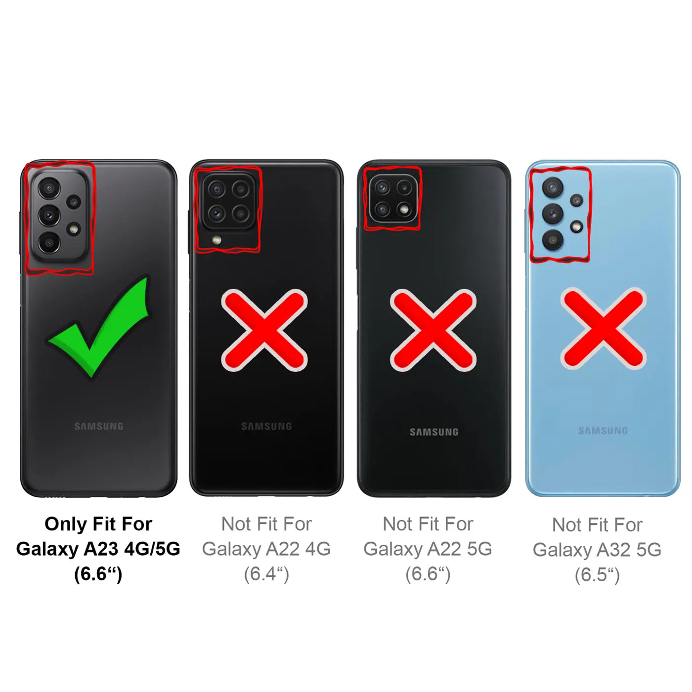 Vier Rückseiten von Samsung Handys, eine passt, drei nicht. Schwarz, Blau.