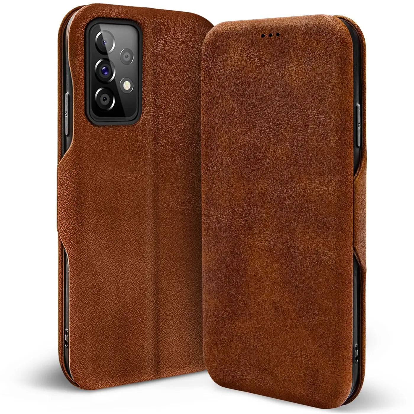 Braune Leder-Klapphülle für Samsung Galaxy A23 5G, von vorne seitlich gezeigt.