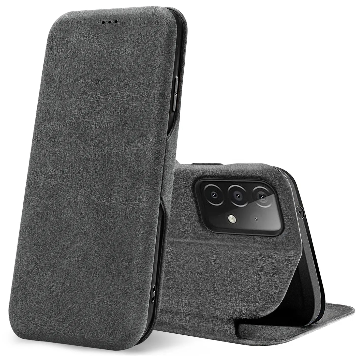 Graue Kunstleder-Klapphülle, Seitenansicht, zeigt Samsung Galaxy A23 5G Kamera.