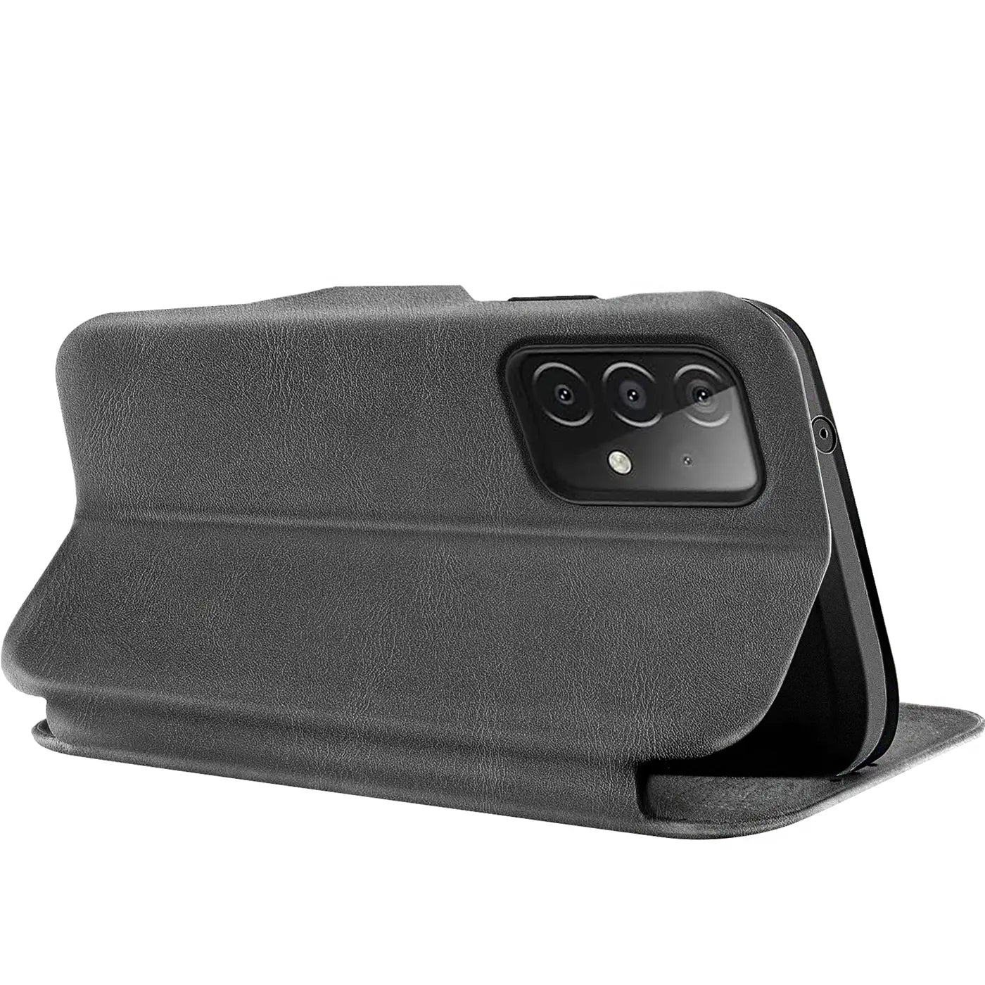 Graue Kunstleder-Klapphülle mit Kartenfach, Seitenansicht, Samsung Galaxy A23 5G.