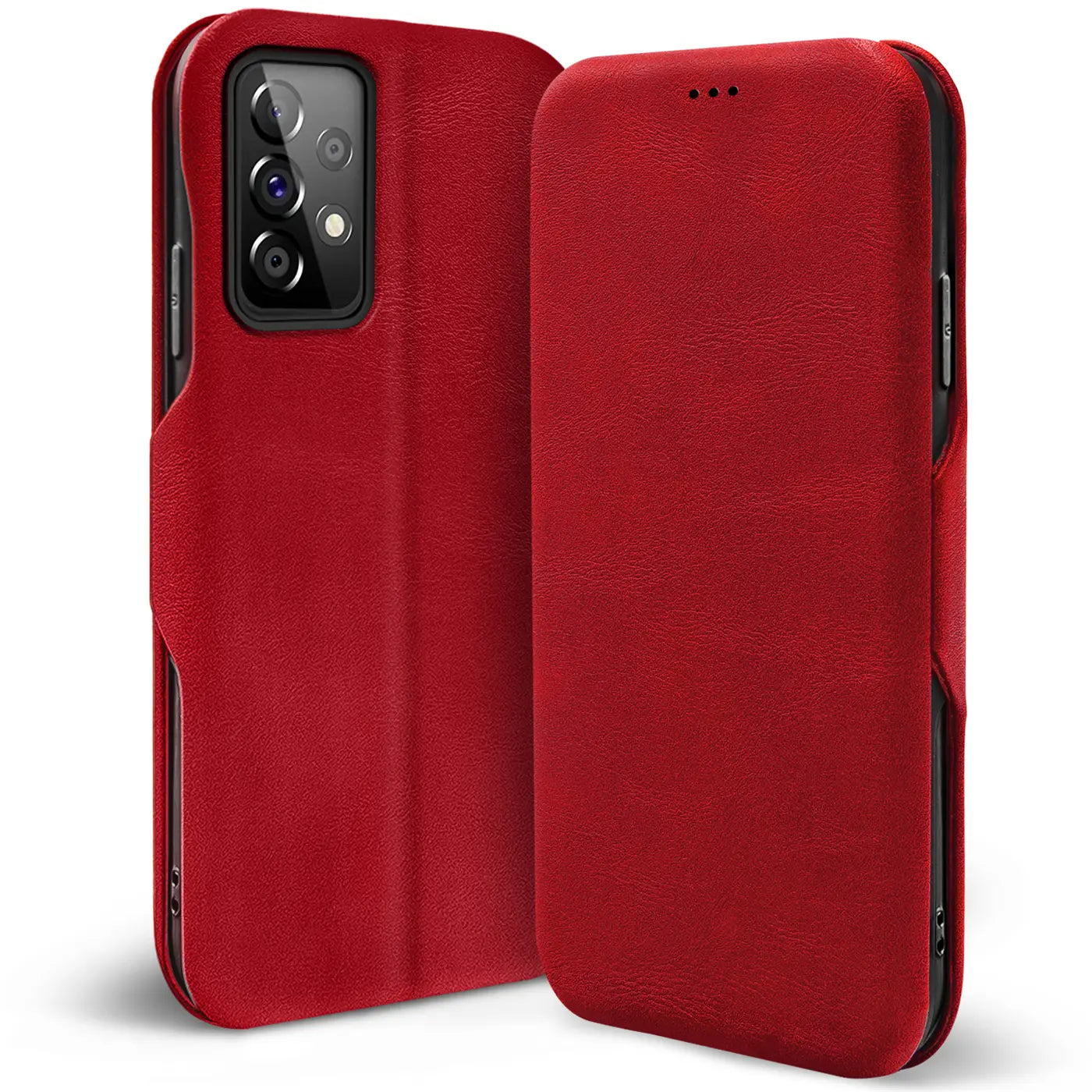 Rote Leder-Klapphülle für Samsung Galaxy A23 5G, von vorne mit geöffneter Klappe.