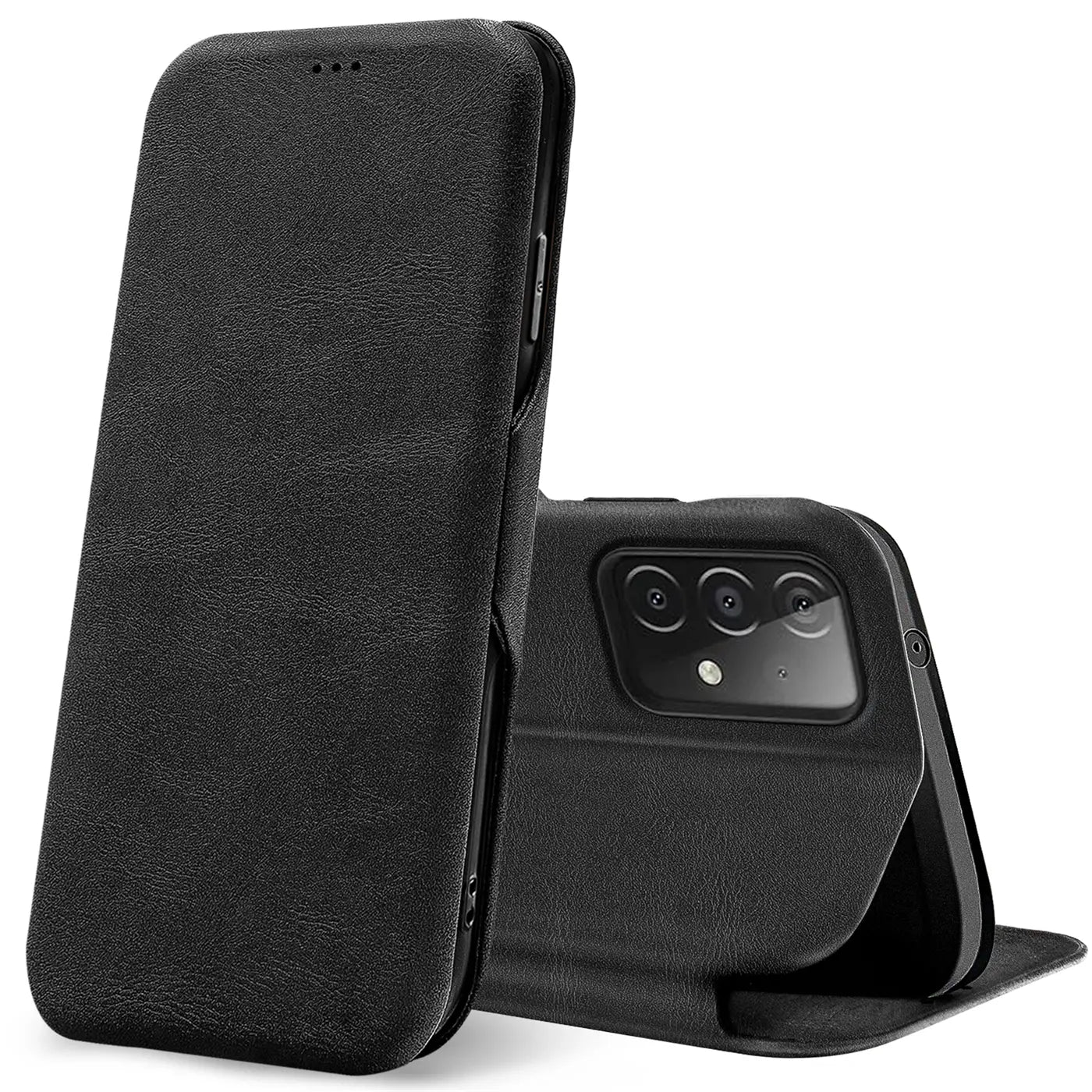 Schwarze Kunstleder-Klapphülle für Samsung Galaxy A23 5G, Rückansicht, seitlich