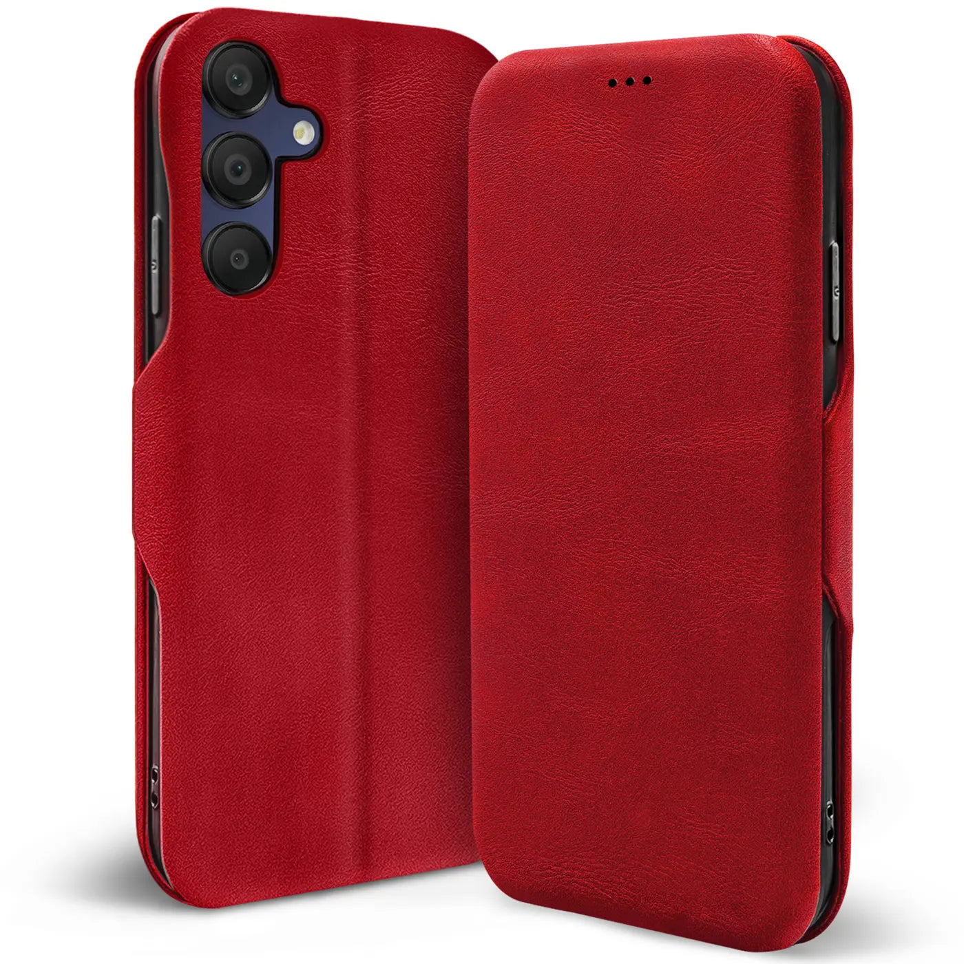 Rote Leder-Klapphülle mit Kartenfach, zeigt Rückseite und Vorderseite eines Samsung Galaxy A26 5G.