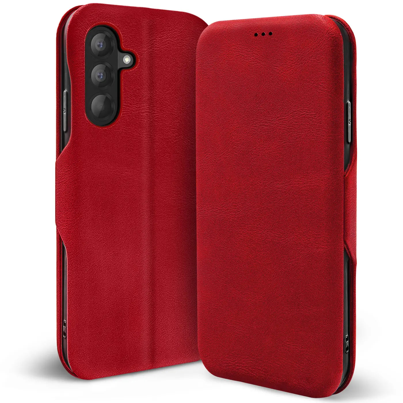 Rote Leder-Klapphülle mit Kartenfach, Vorder- und Rückansicht, Samsung Galaxy A27 5G.