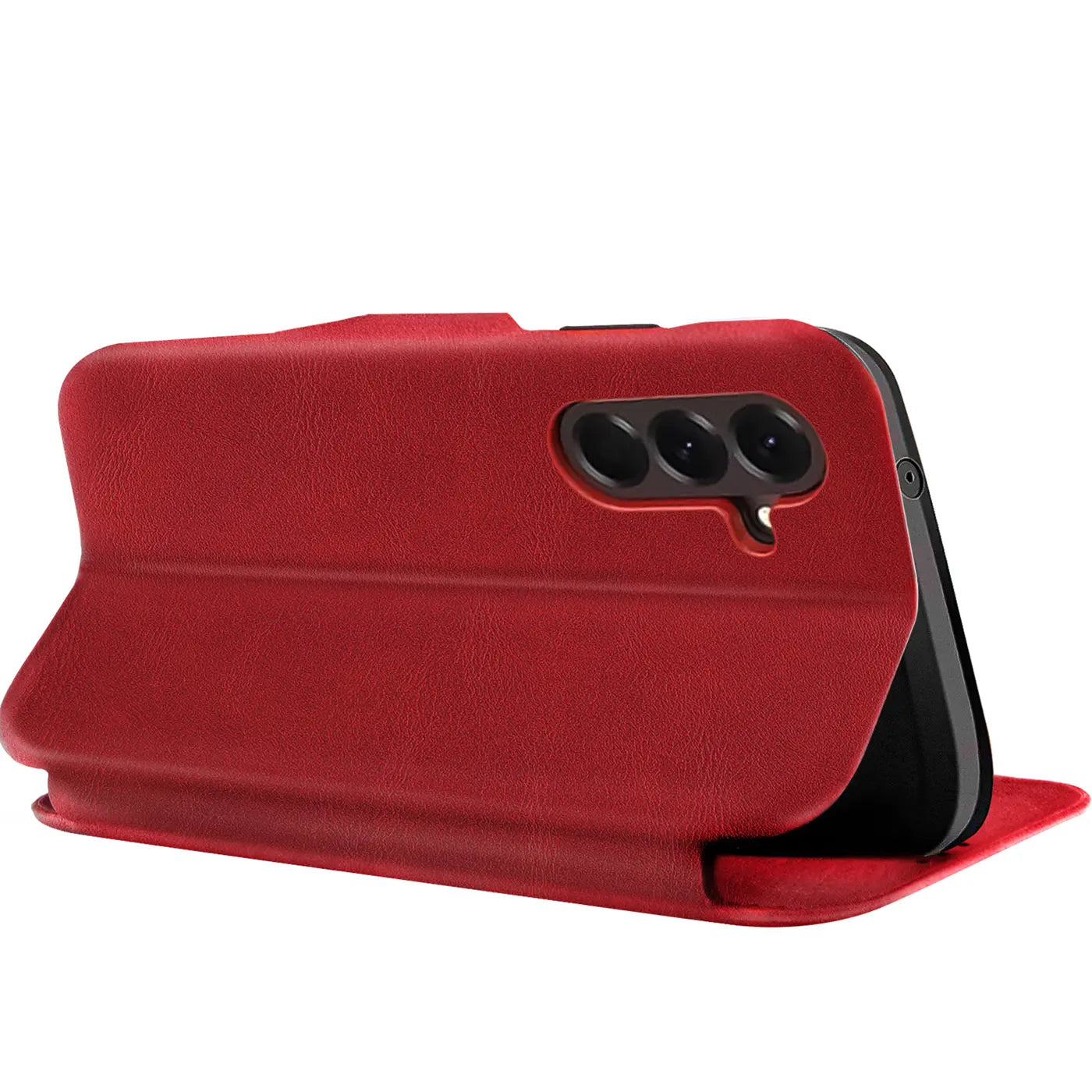 Rote Kunstleder-Klapphülle mit Kartenfach, zeigt Rückseite eines Samsung Galaxy A27 5G.
