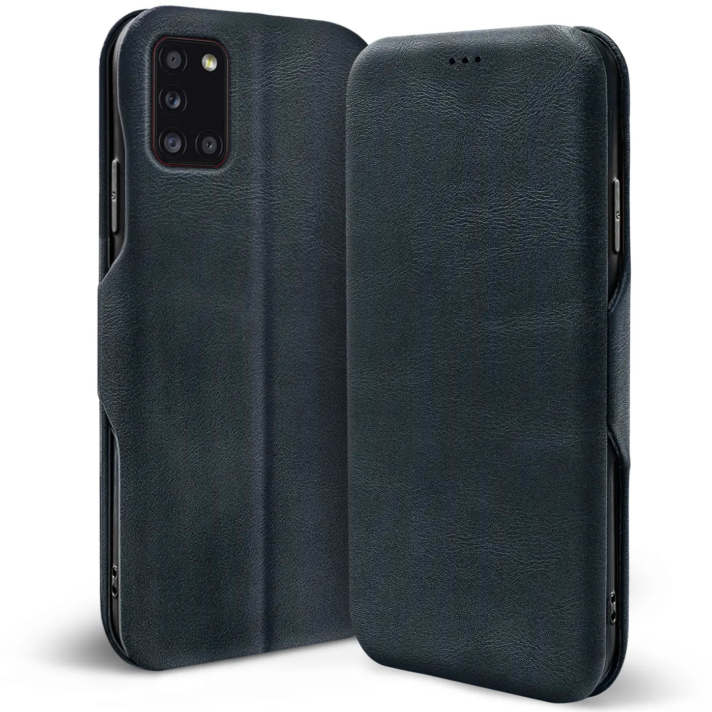 Dunkelblaue Kunstleder-Klapphülle, Vorder- und Rückansicht, für Samsung Galaxy A31