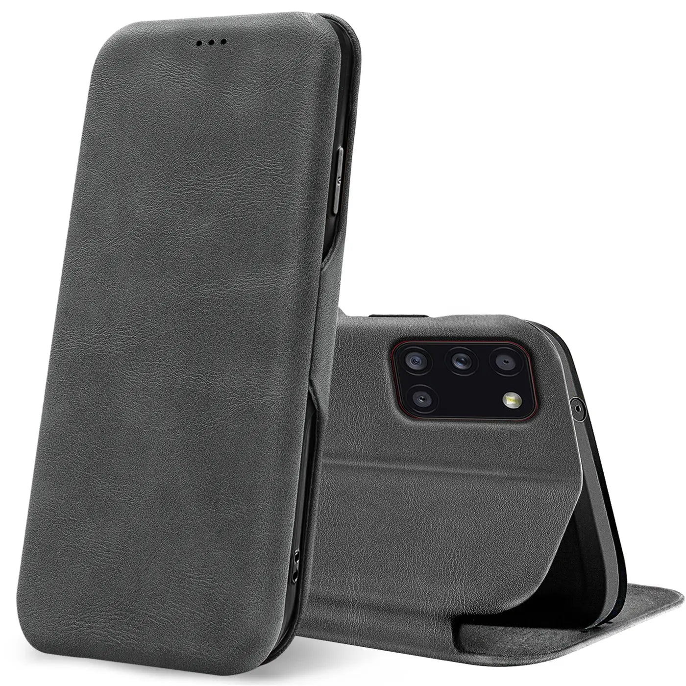 Graue Kunstleder-Klapphülle mit Kartenfach für Samsung Galaxy A31, Seitenansicht.