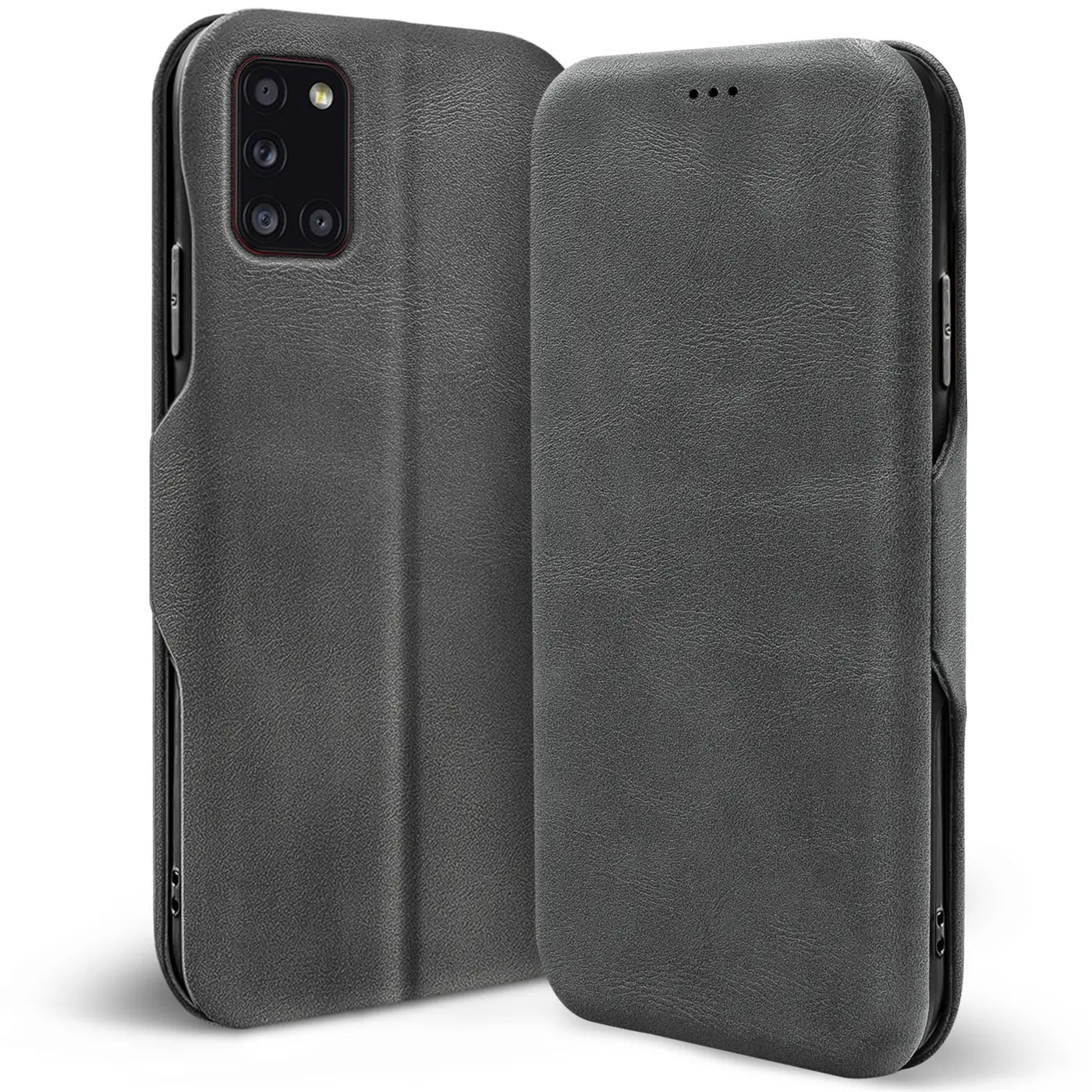 Graue Kunstleder-Klapphülle für Samsung Galaxy A31, von vorne/seitlich