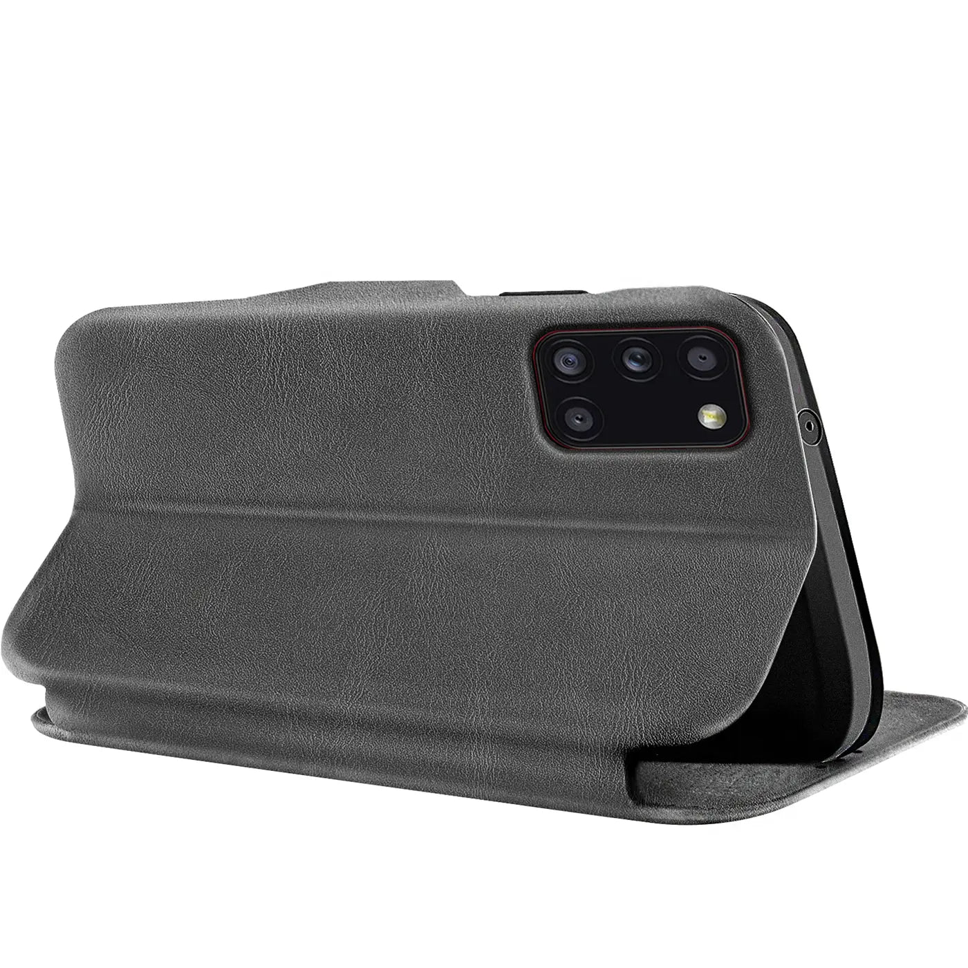 Graue Kunstleder-Klapphülle mit Kartenfach, Seitenansicht, zeigt Samsung Galaxy A31