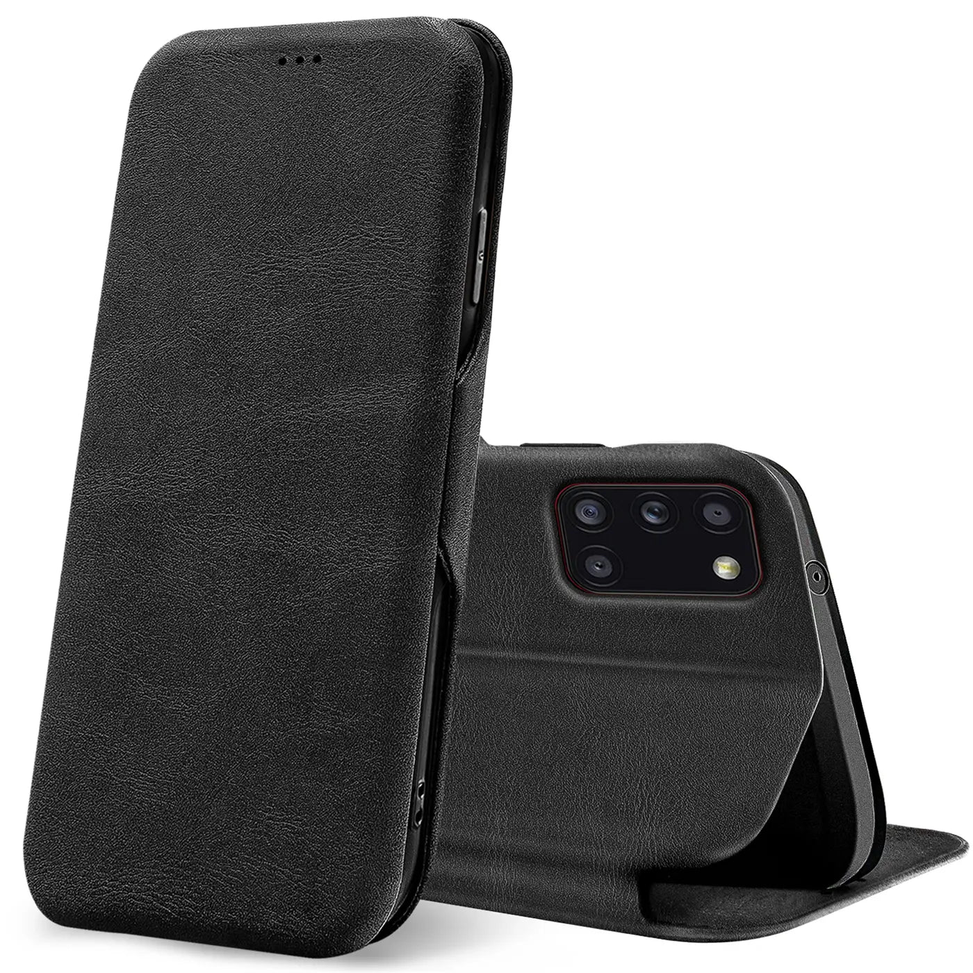 Schwarze Leder-Klapphülle für Samsung Galaxy A31, von vorne/seitlich gezeigt.
