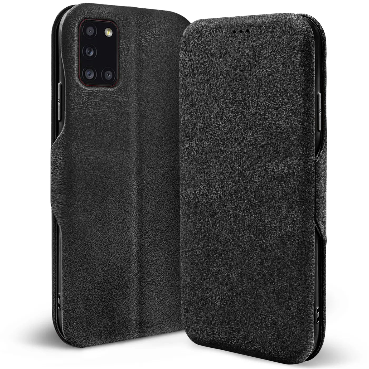 Schwarze Leder-Klapphülle mit Kartenfach für Samsung Galaxy A31, Seitenansicht.