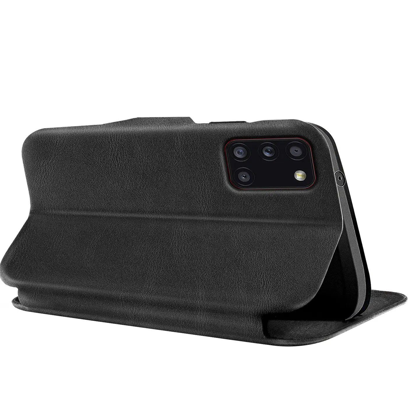 Schwarze Kunstleder-Klapphülle mit Kartenfach, seitliche Ansicht, Samsung Galaxy A31.