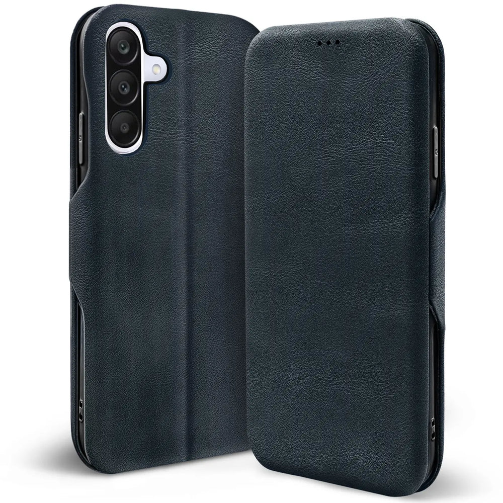 Dunkelblaue Leder-Klapphülle für Samsung Galaxy A36 5G, von vorne und hinten gezeigt.