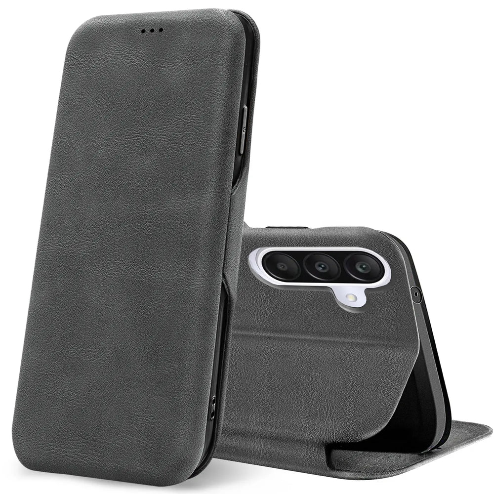 Graue Kunstleder-Klapphülle für Samsung Galaxy A36 5G, von vorne schräg.