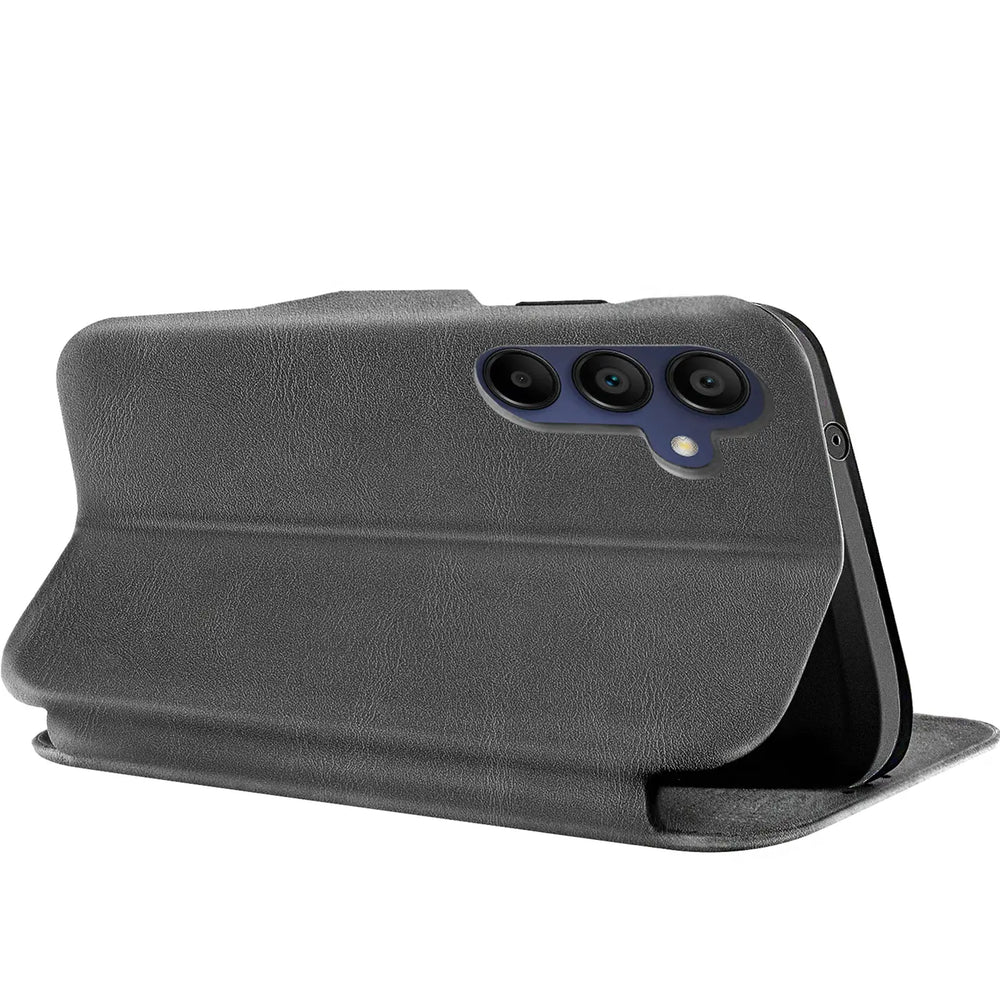 Graue Kunstleder-Klapphülle mit Kartenfach, seitliche Ansicht, Samsung Galaxy A36 5G.