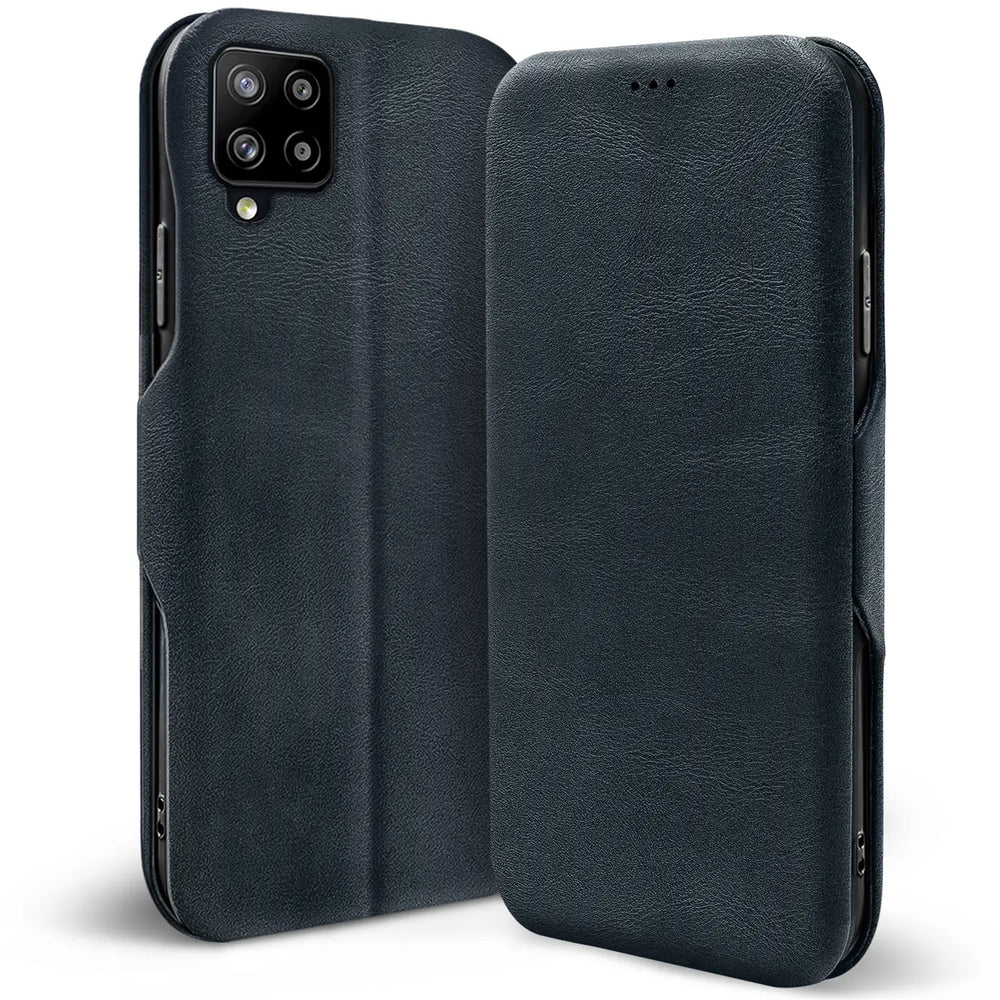 Dunkelblaue Klapphülle aus Lederimitat für Samsung Galaxy A42 5G, Vorder- und Rückansicht.